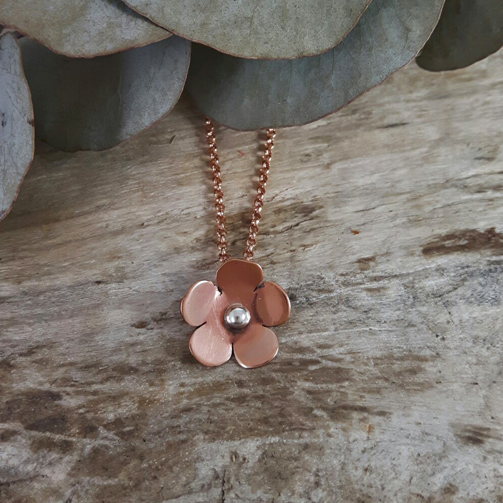 Contemporary copper drop earrings Blossom flower design — Palenque Jewellery