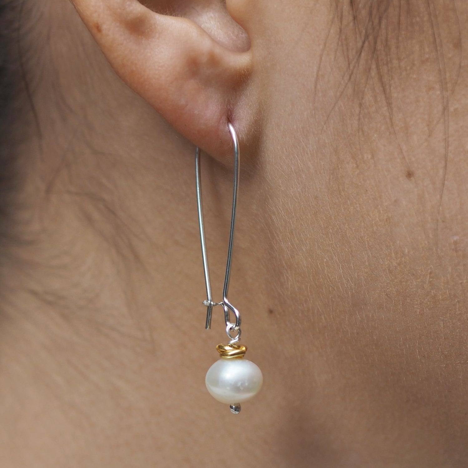 Mary AU White Pearl Long Hook Drop Earrings