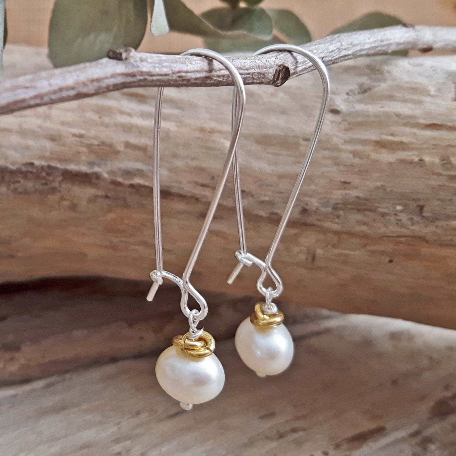 Mary AU White Pearl Long Hook Drop Earrings