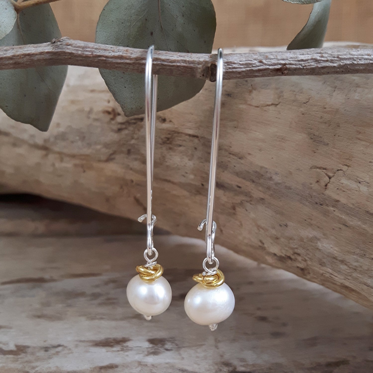 Mary AU White Pearl Long Hook Drop Earrings