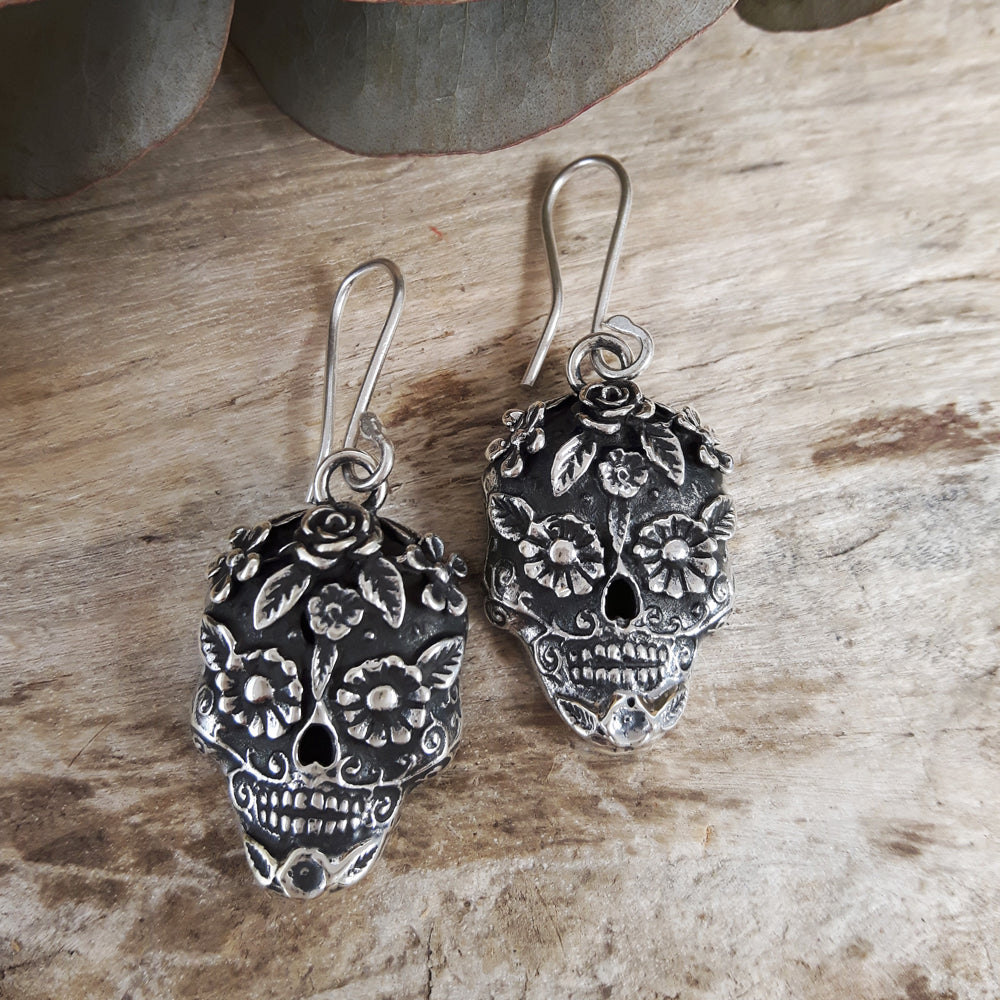 Sugar Skull Sterling Silver Drop Earrings