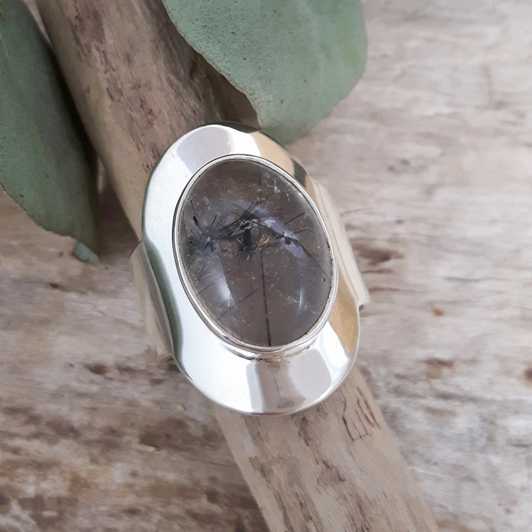 Monet Oval Rutilated Black Quartz Adjustable Ring B