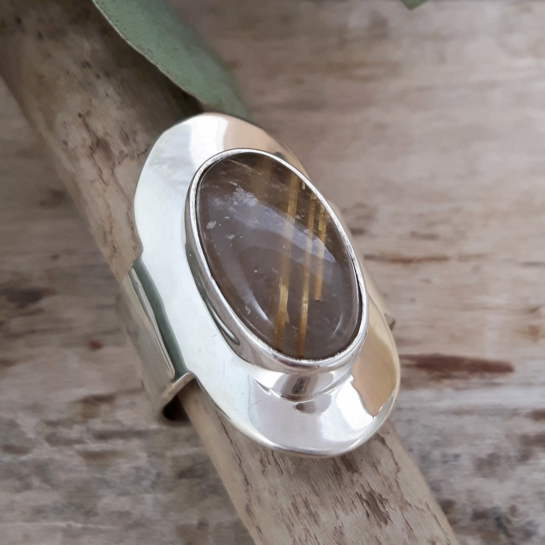 Monet Oval Rutilated Gold Quartz Adjustable Ring