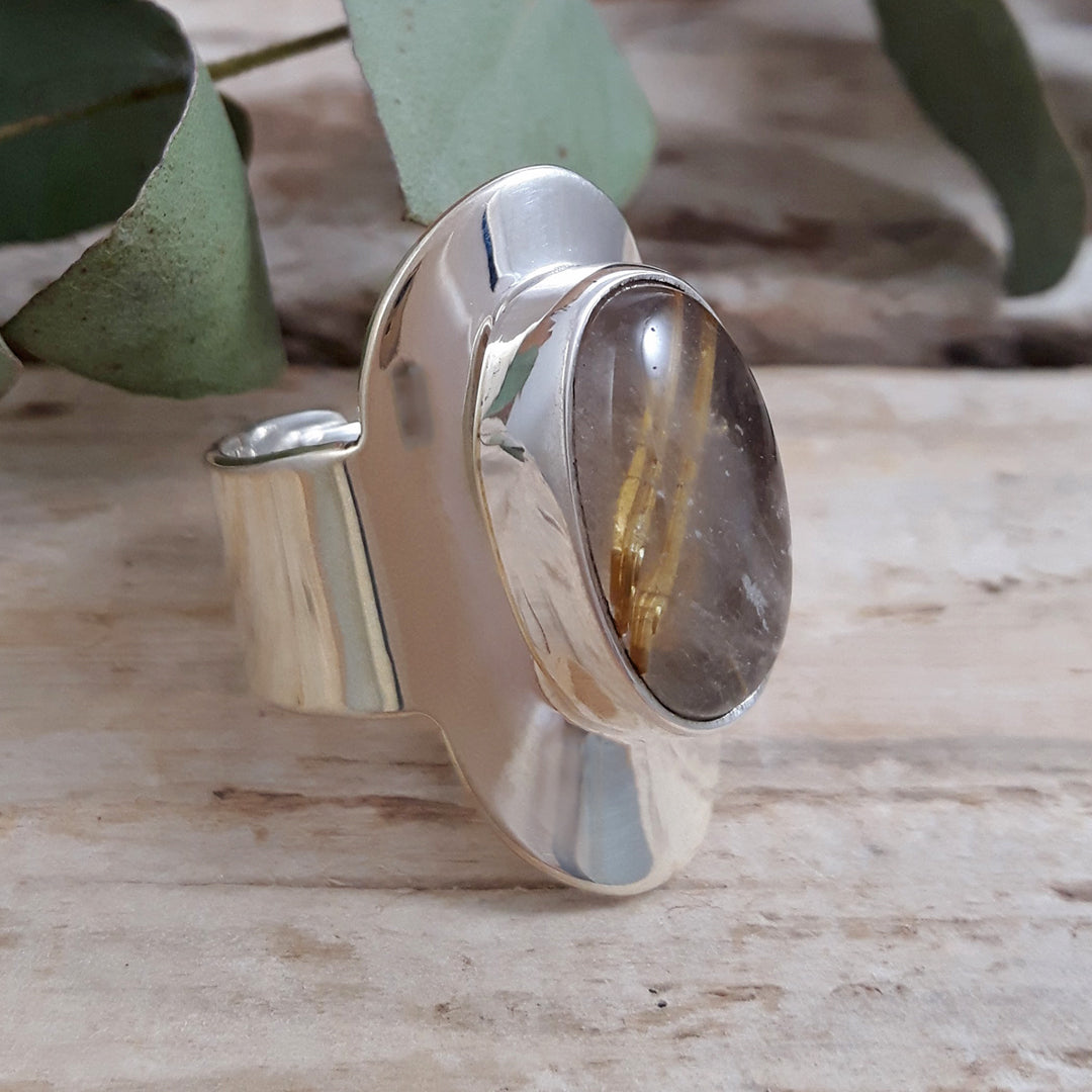 Monet Oval Rutilated Gold Quartz Adjustable Ring