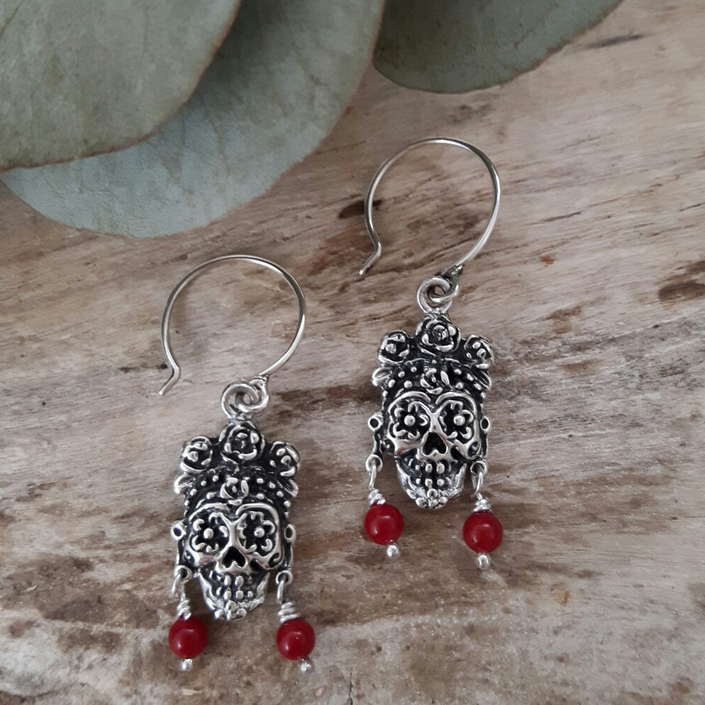 Catrina Skull Silver & Red Drop Earrings