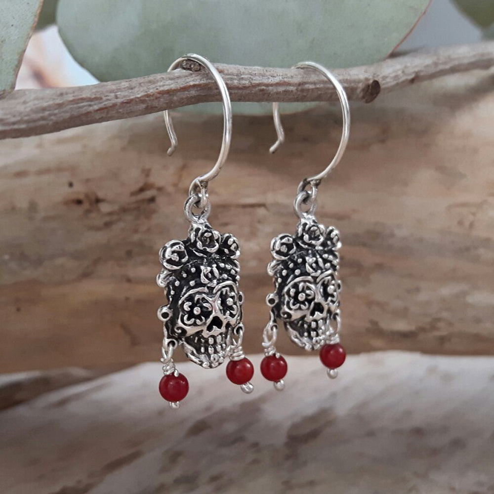 Catrina Skull Silver & Red Drop Earrings