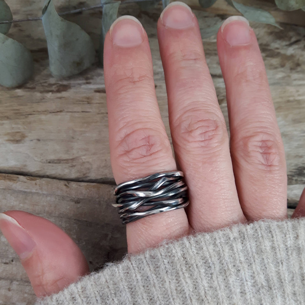 Lattice Wide Oxidised Silver Ring