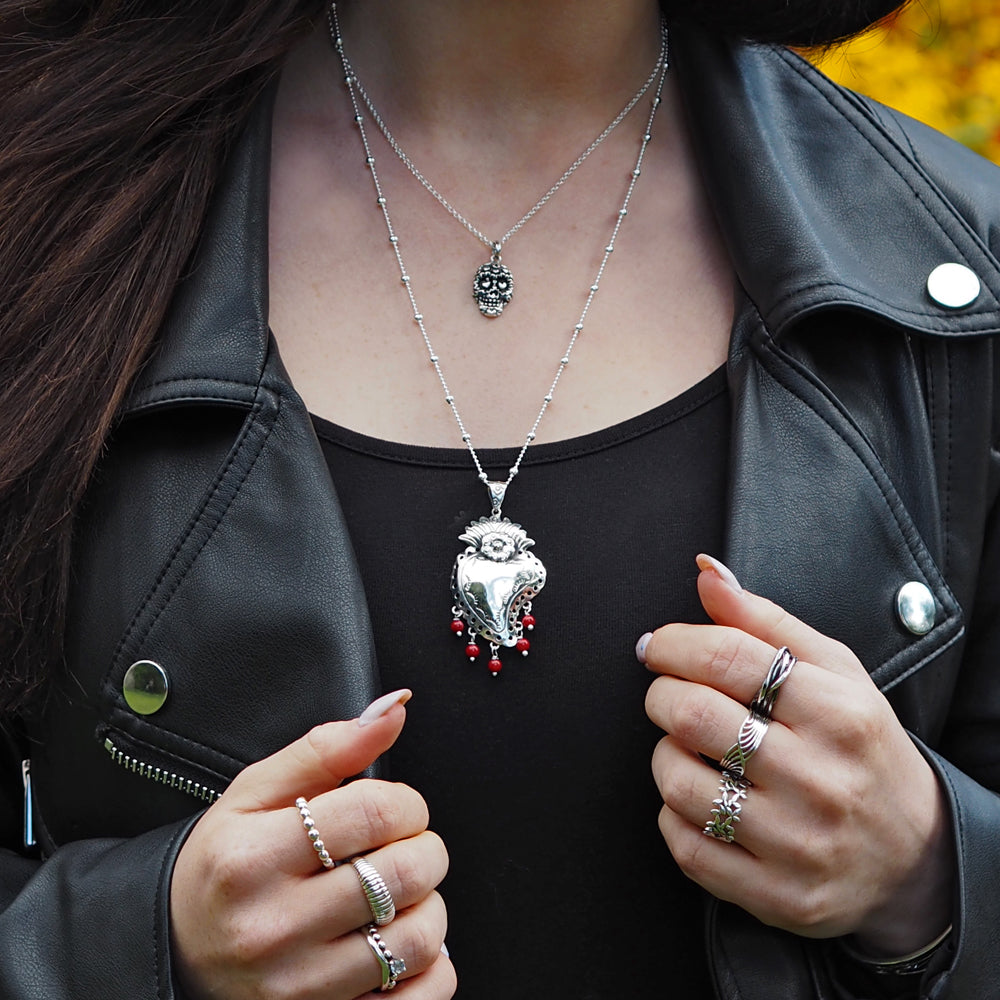 Sacred Bloom Heart Silver & Red Pendant