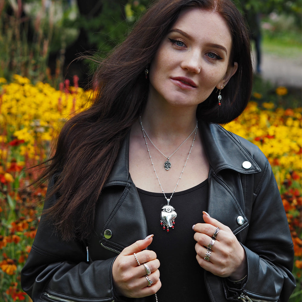 Sacred Bloom Heart Silver & Red Pendant