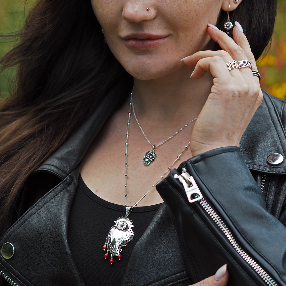 Sacred Bloom Heart Silver & Red Pendant