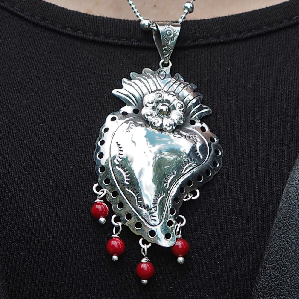 Sacred Bloom Heart Silver & Red Pendant