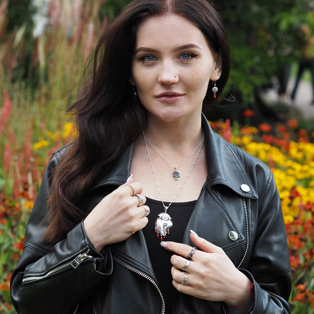 Sacred Bloom Heart Silver & Red Pendant