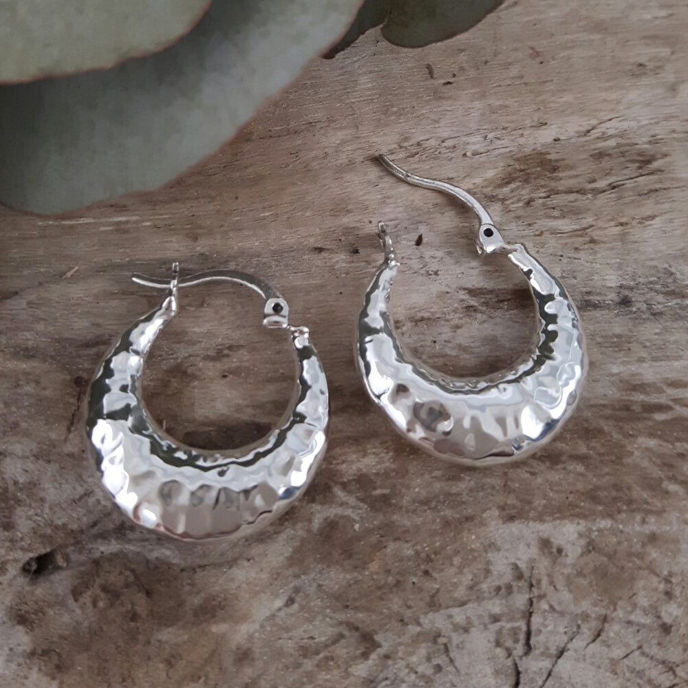 Rowena Hoop Hammered Silver Earrings