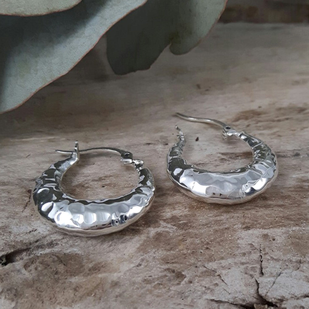 Rowena Hoop Hammered Silver Earrings