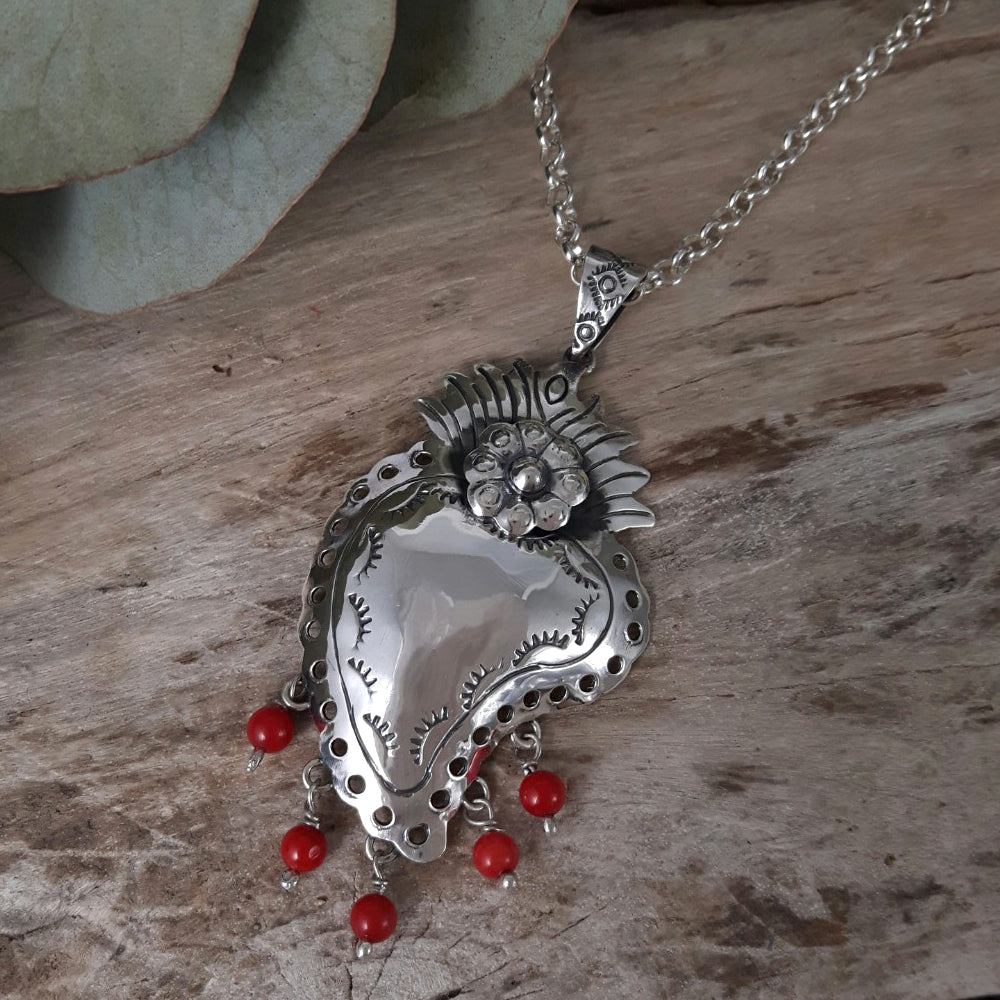 Sacred Bloom Heart Silver & Red Pendant