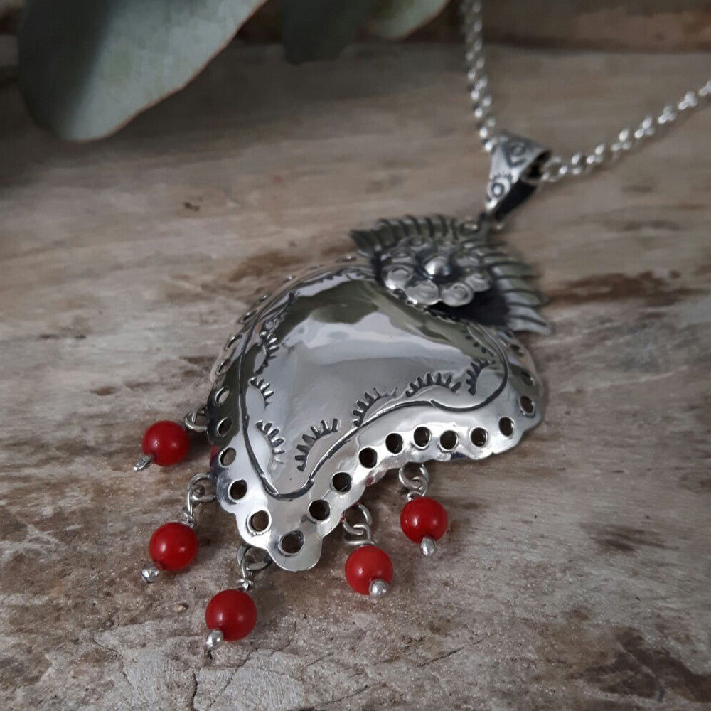 Sacred Bloom Heart Silver & Red Pendant